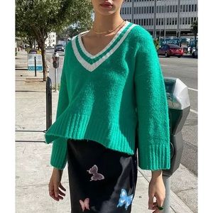 Lisa Says Gah Helena V Neck Varsity Green Sweater
